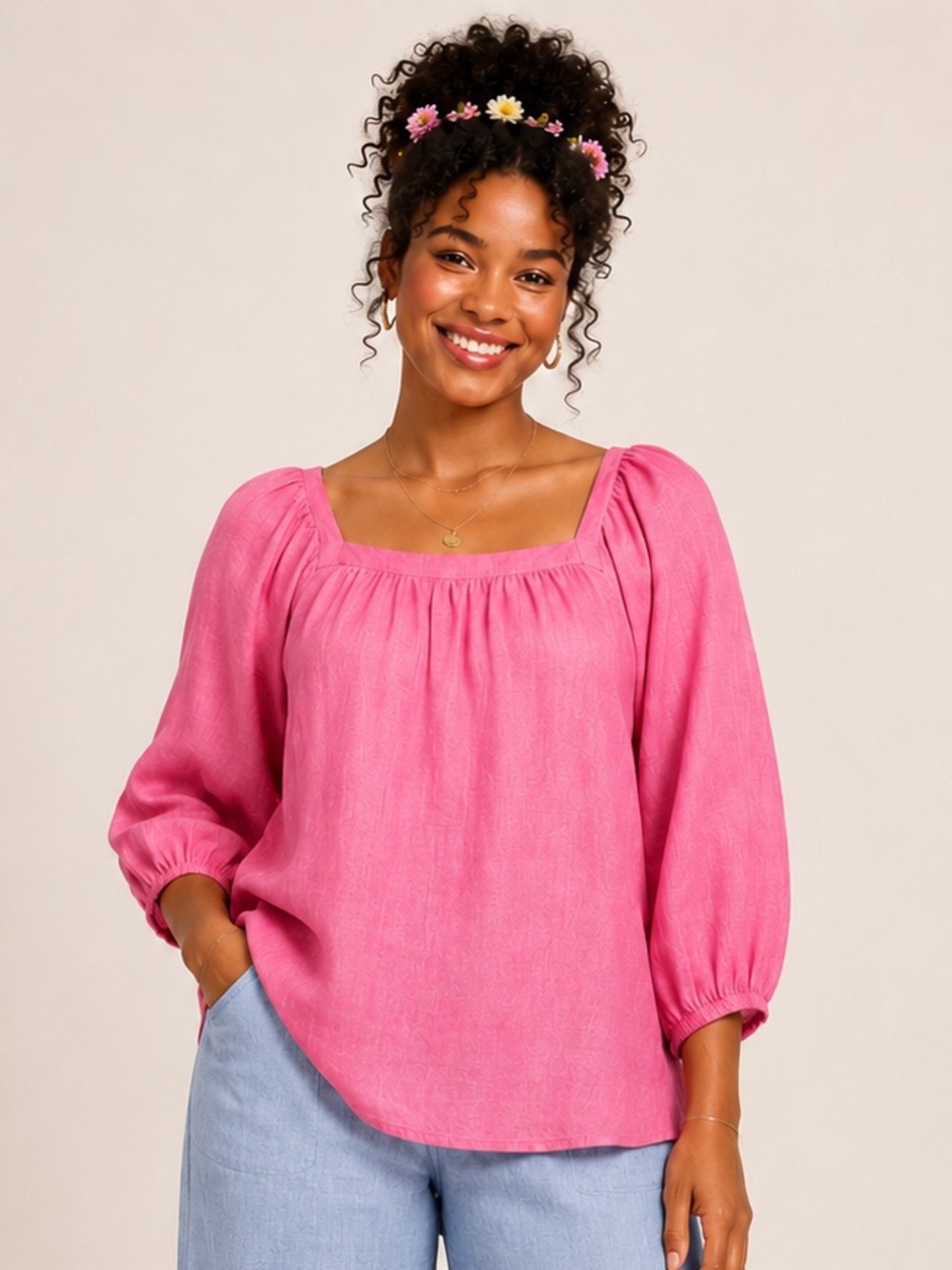 CHARTER CLUB 100% Linen Peasant Blouse Pink 3/4 Sleeve Women’s Medium NWOT W